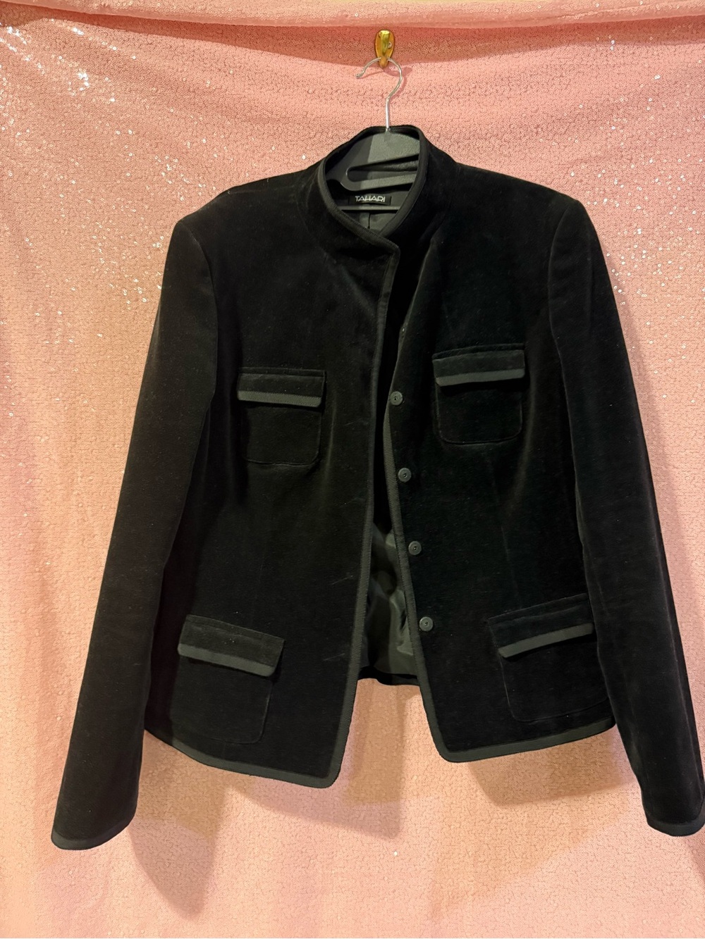 Tahari Black Velvet Collarless Blazer Jacket L5